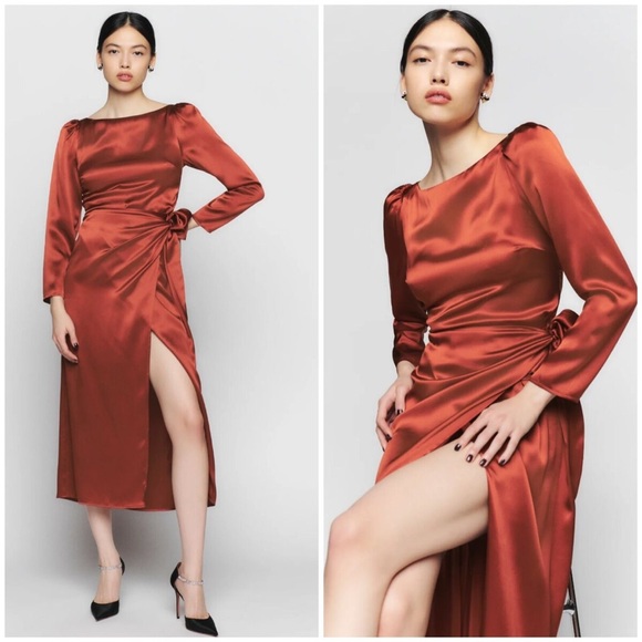 Reformation Dresses & Skirts - Reformation Cassis Silk Midi Wrap Dress Oxide (red / orange)